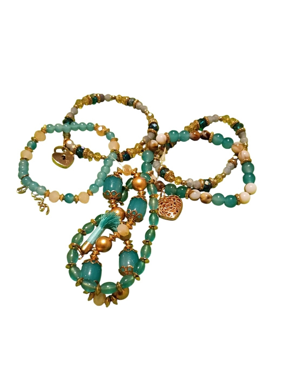 Gold Tone Stretch Bracelets with Aqua Beads – Set of 6 Bracelets. Nwot. OBO